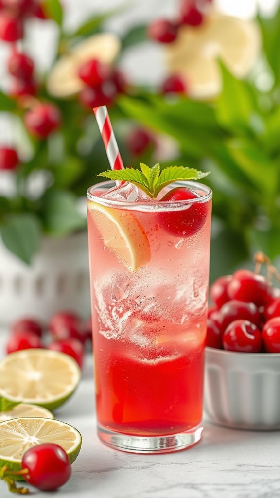 A refreshing Cherry Limeade Mocktail garnished with cherries and lime slices.