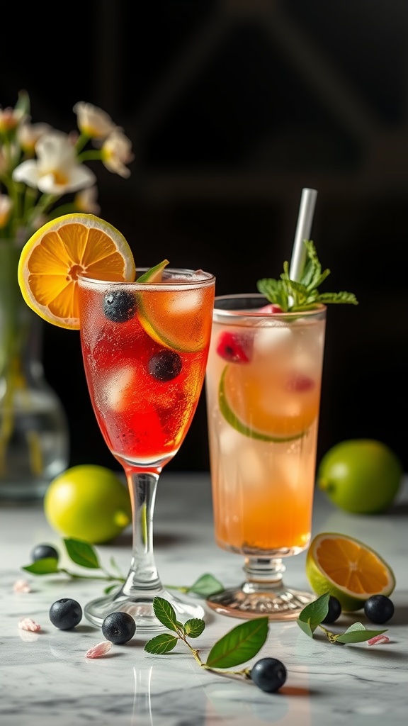 Two colorful cocktails with fruits and herbs on a marble table.