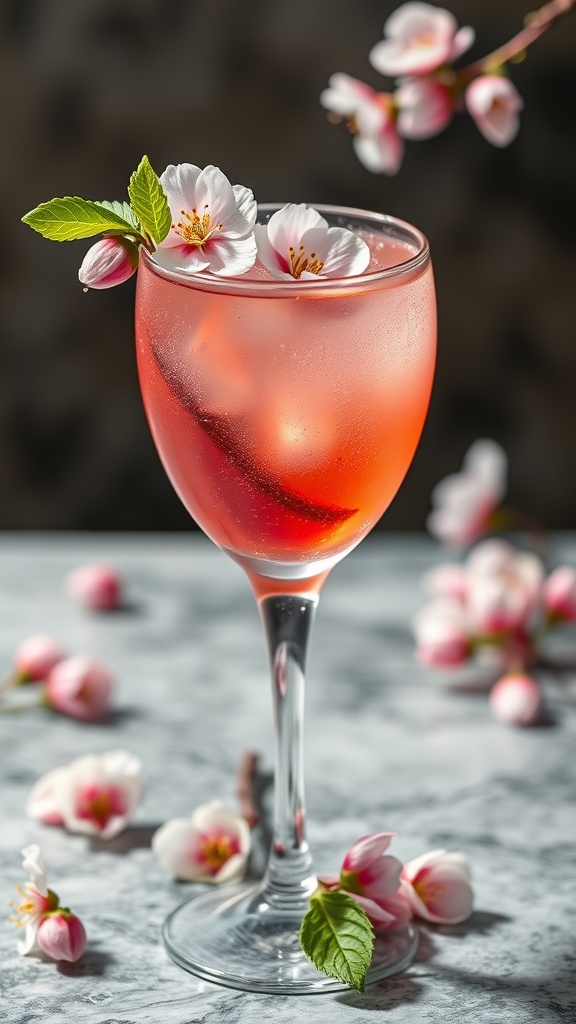 A refreshing cherry blossom cocktail garnished with cherry blossoms and mint