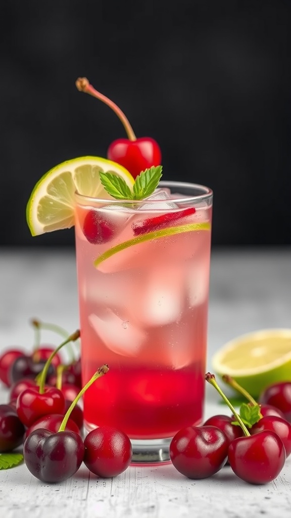 A refreshing cherry limeade mocktail with cherries and lime slices