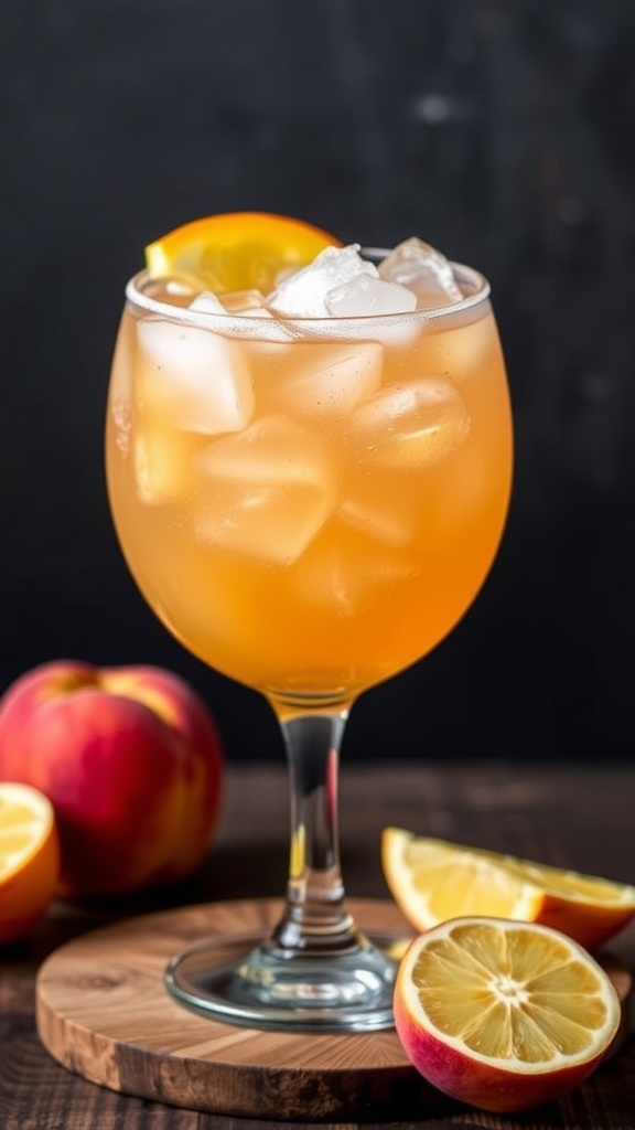 Peach margarita in a glass with fresh peach slices and mint leaves.