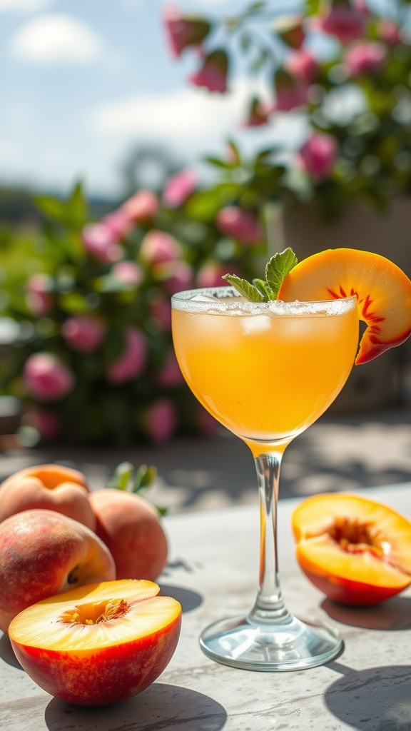 A refreshing fresh peach margarita garnished with a peach slice and mint, surrounded by fresh peaches.