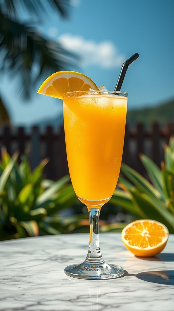 A vibrant frozen mango margarita in a tall glass, garnished with a slice of lemon.