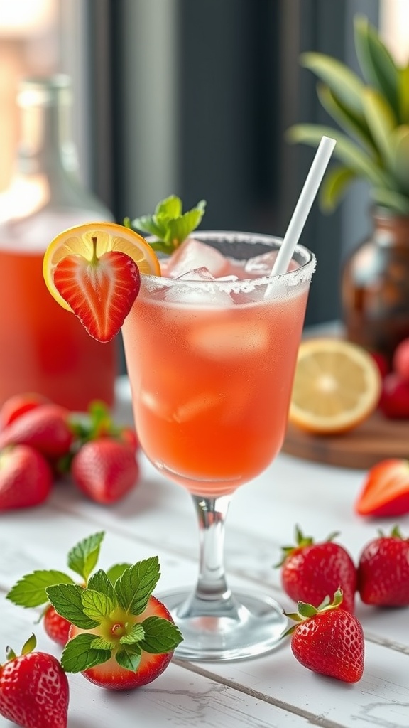 A refreshing frozen strawberry margarita garnished with a slice of lemon and a strawberry, with fresh strawberries around it.