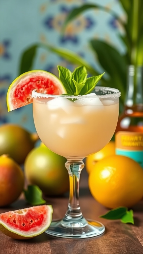 A refreshing guava margarita served in a glass with a slice of guava and mint garnish.
