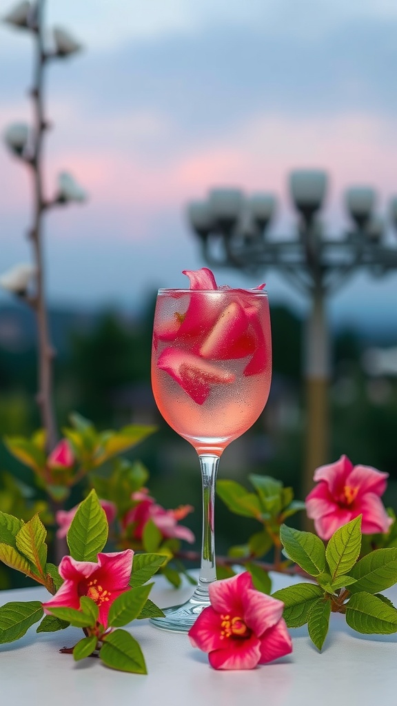 A glass of hibiscus rose spritz garnished with flower petals, surrounded by hibiscus flowers.