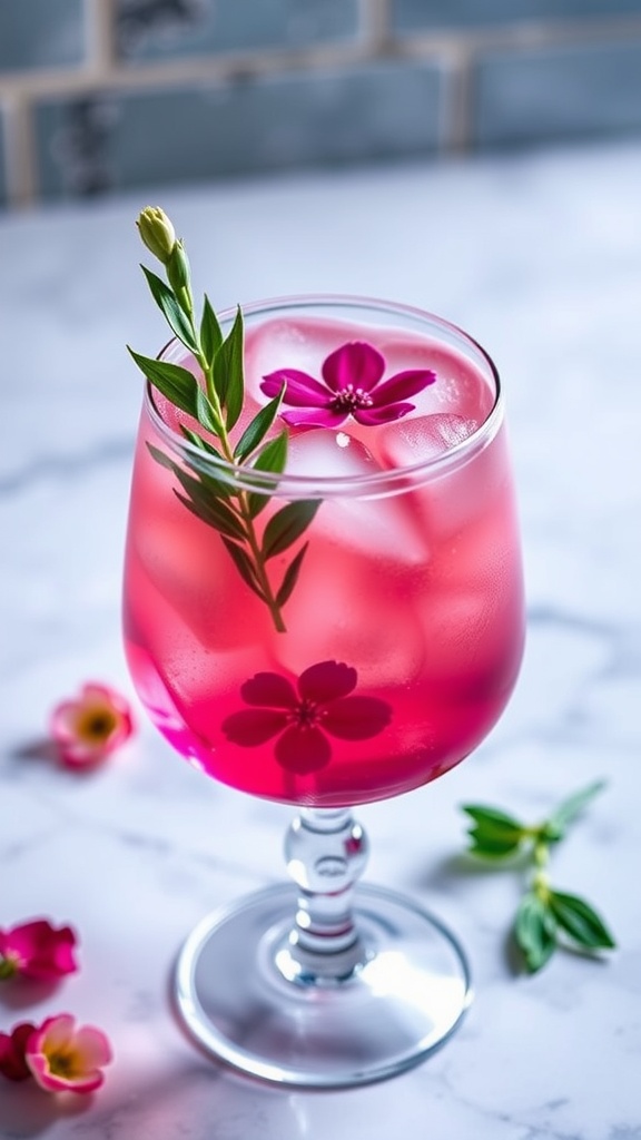 A refreshing Hibiscus Rose Spritz cocktail garnished with flowers, placed on a table.
