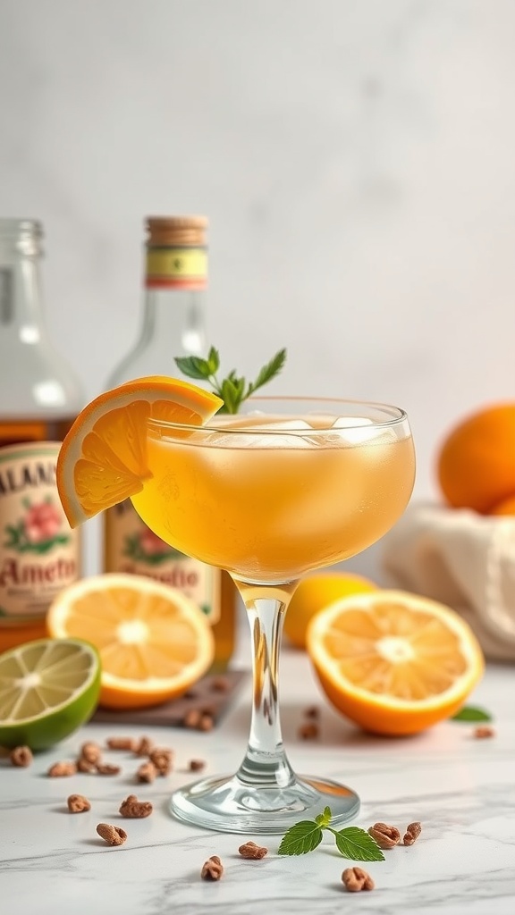 A refreshing Italian Amaretto Margarita in a glass, garnished with a slice of orange and mint, surrounded by fresh citrus fruits.