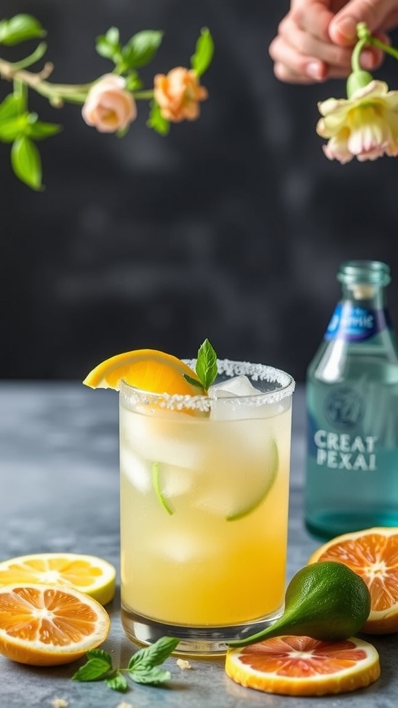 Refreshing Italian Limoncello Margarita garnished with fruit and mint.