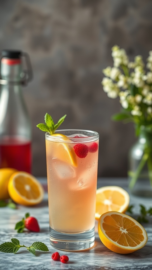 A refreshing Lavender Lime Gin Spritz cocktail with lemon slices and raspberries.
