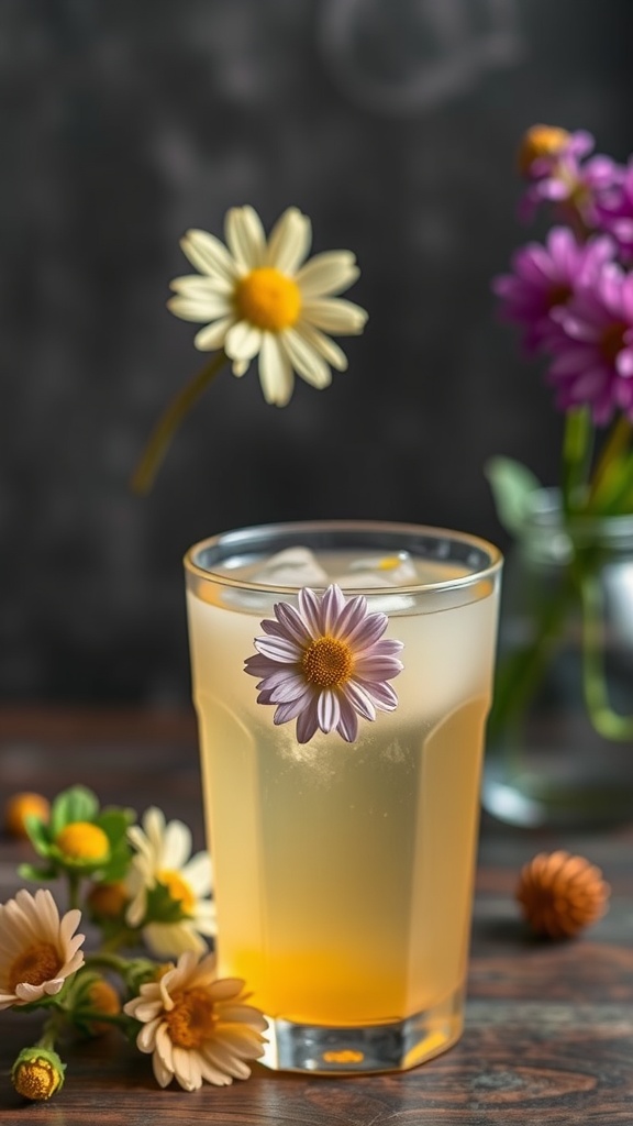 A refreshing Light Chamomile Honey Mocktail garnished with a daisy flower.