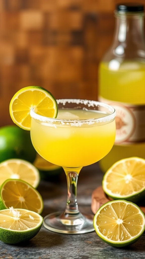 A refreshing limeade margarita garnished with a lime slice, surrounded by fresh limes.