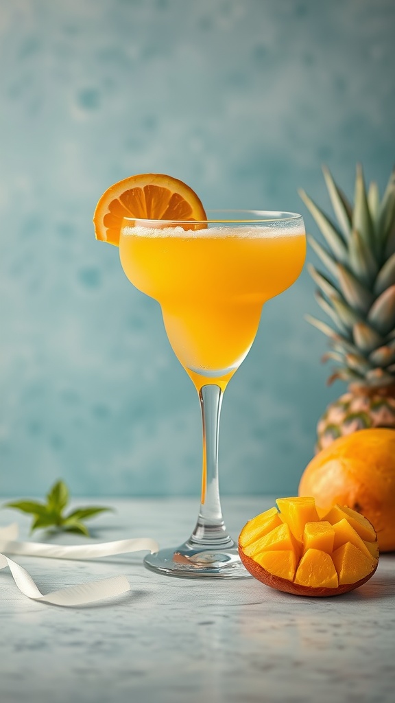 A refreshing mango margarita in a glass garnished with a slice of orange, with fresh mango and a pineapple in the background.