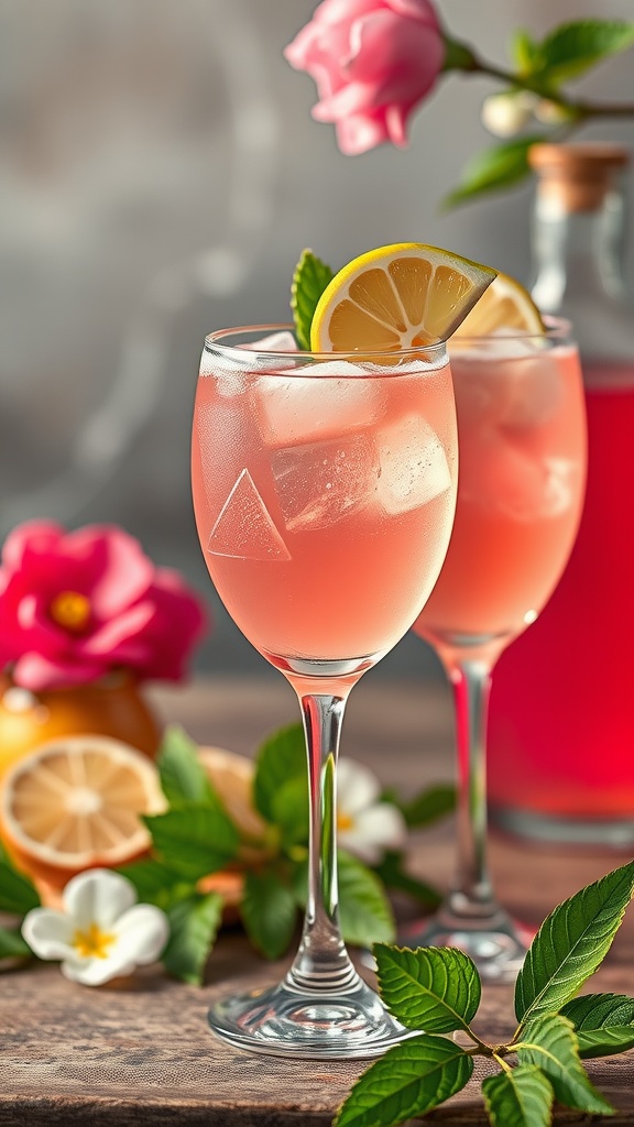 A refreshing Pink Gin Sour cocktail served in elegant glasses, garnished with lemon and surrounded by flowers and fruits.