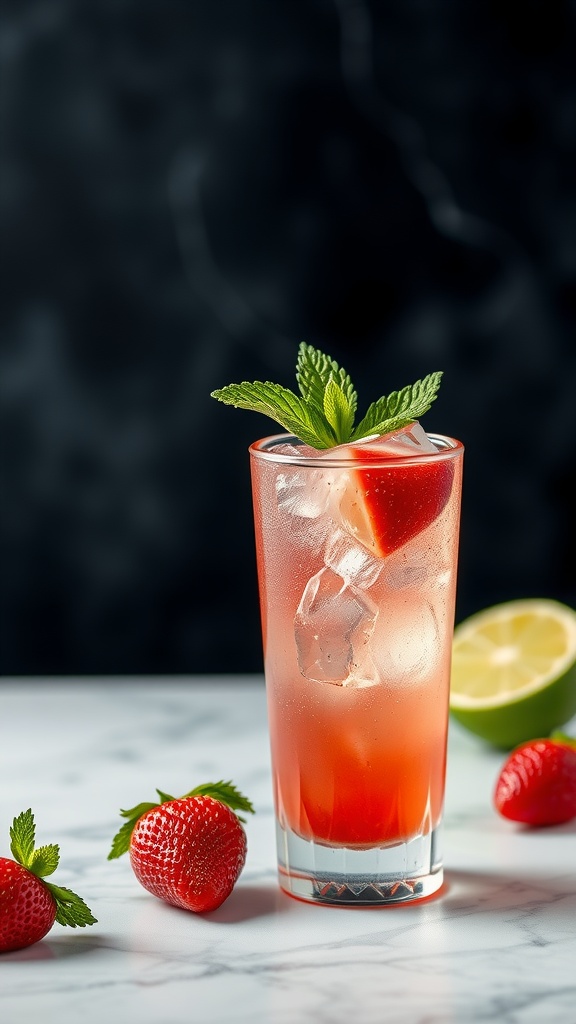 A refreshing Strawberry Lime Vodka Smash mocktail garnished with mint leaves, surrounded by fresh strawberries and lime.