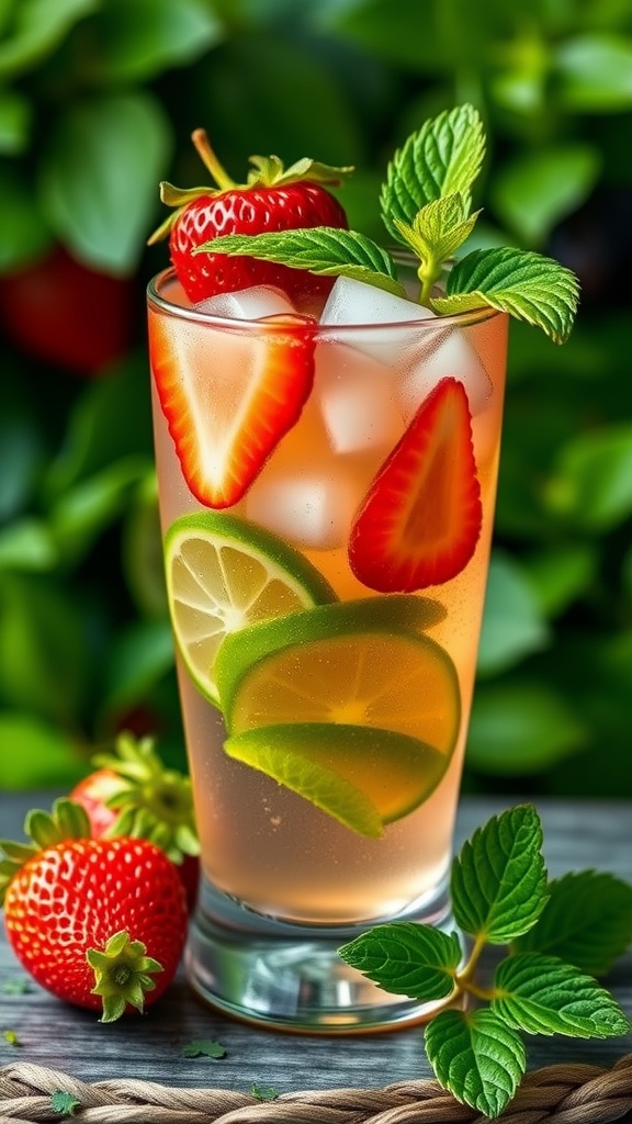 A refreshing Strawberry Moscow Mule in a glass with strawberries and mint leaves.
