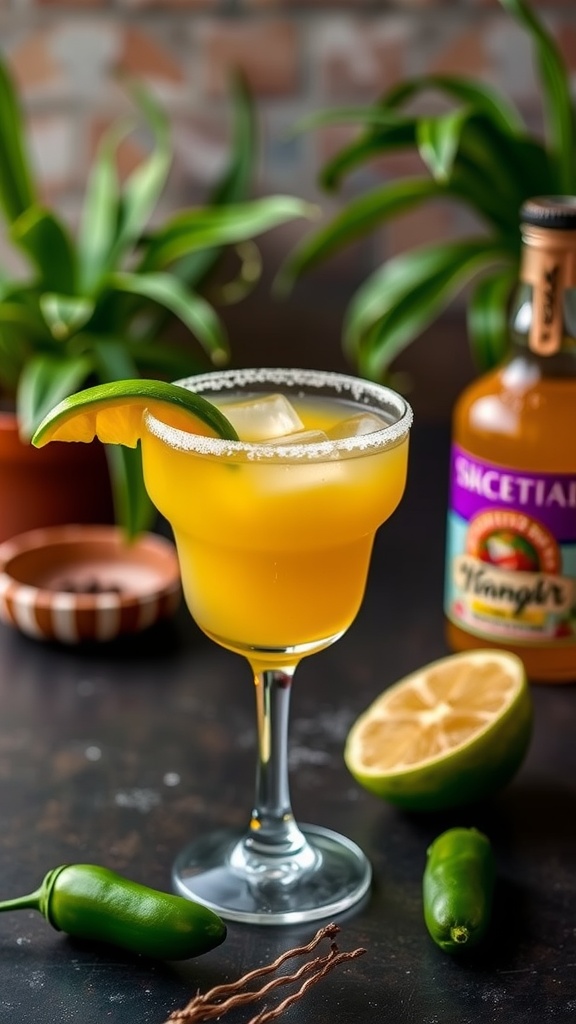 A vibrant Spicy Jalapeño Mango Margarita garnished with a slice of lime and jalapeño.