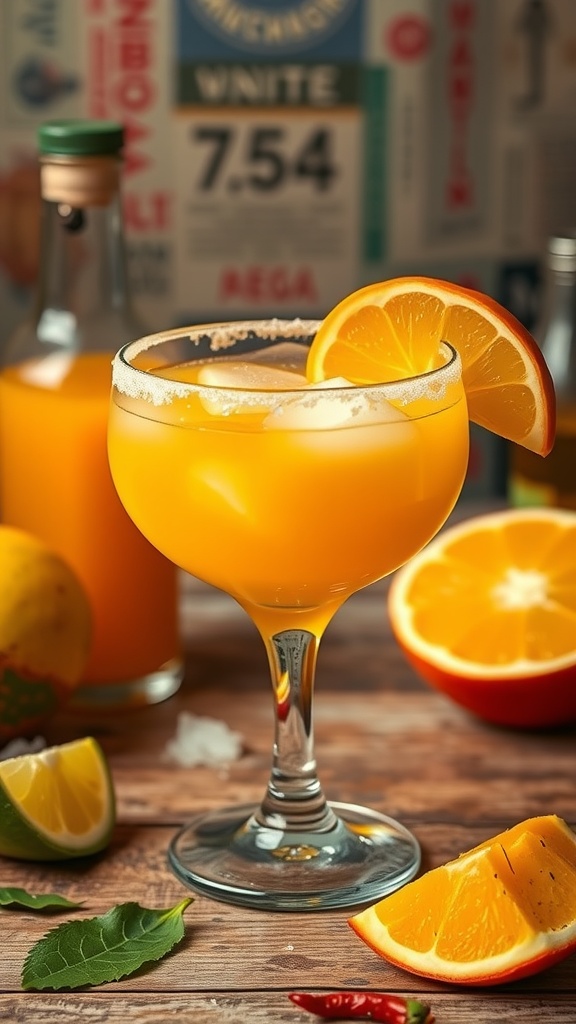 A delicious Spicy Jalapeno Mango Margarita garnished with orange slices, surrounded by fresh fruit.