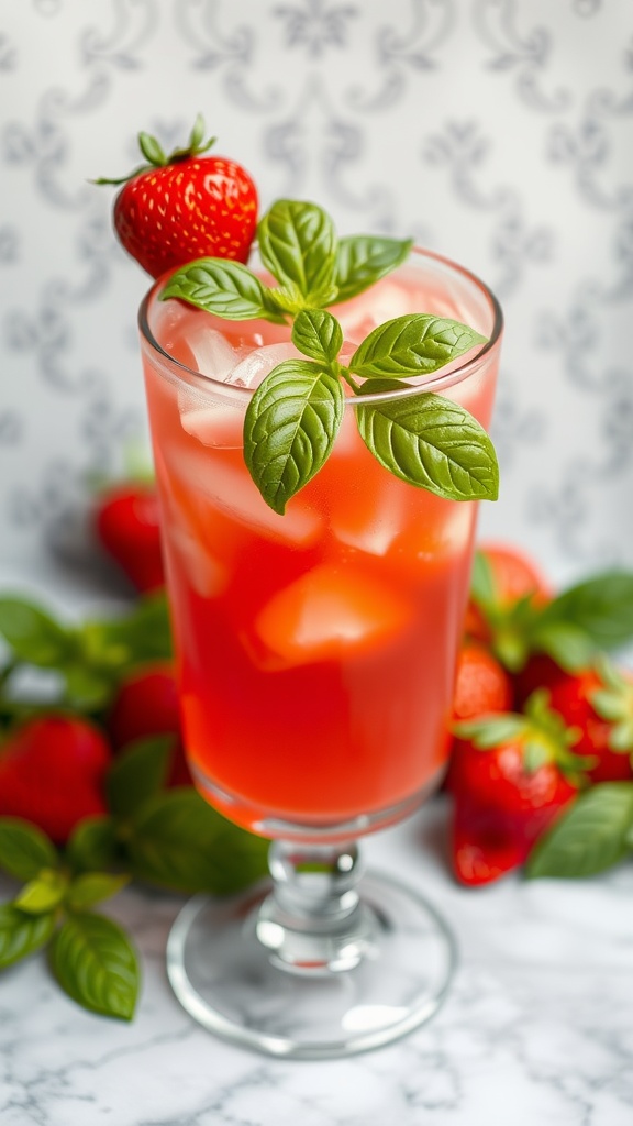A close-up of a Strawberry Basil Margarita with basil leaves and fresh strawberries in the background