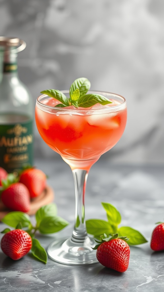 A Strawberry Basil Margarita in a stylish glass, garnished with fresh basil leaves, surrounded by strawberries.