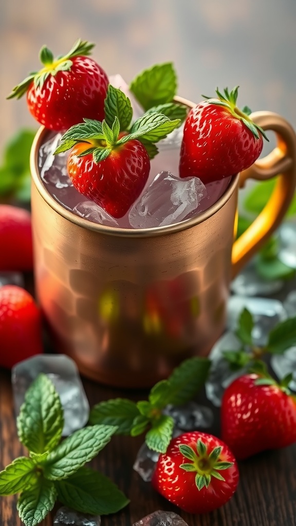 A Strawberry Moscow Mule in a copper mug, garnished with fresh strawberries and mint leaves.