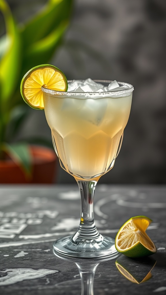 A refreshing margarita in a glass with ice and a lime slice.