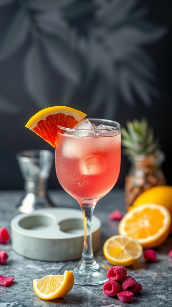 A vibrant Tropical Pink Dragonfruit Pineapple Rum Fizz cocktail garnished with a slice of orange and surrounded by fresh fruit.