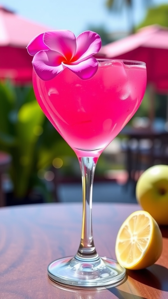 A vibrant pink cocktail garnished with orange slices and surrounded by tropical flowers and fruits.