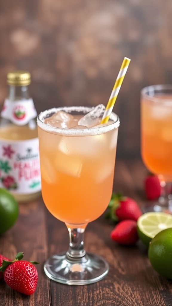 A refreshing strawberry margarita in a glass with ice and a striped straw.