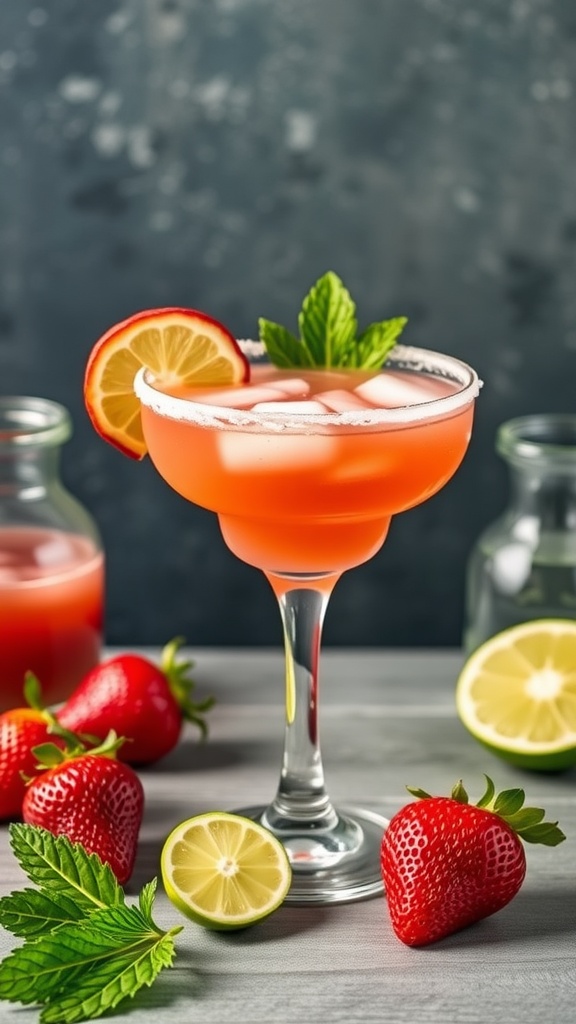 A vibrant strawberry margarita cocktail garnished with fresh strawberries and mint leaves
