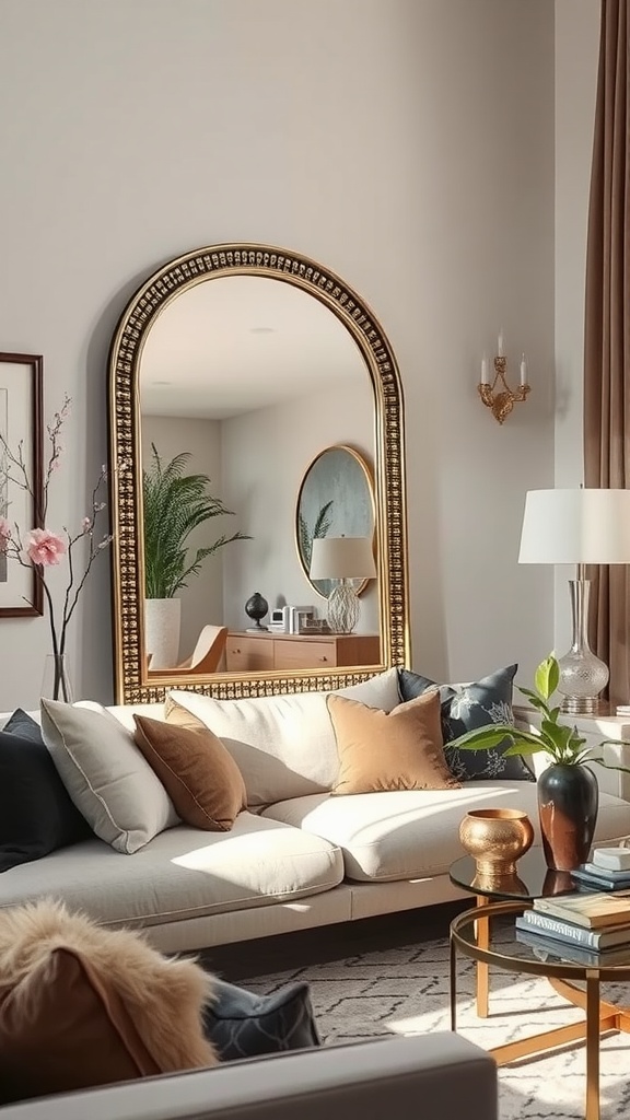 A stylish living room with a tall mirror, plants, and cozy furniture.