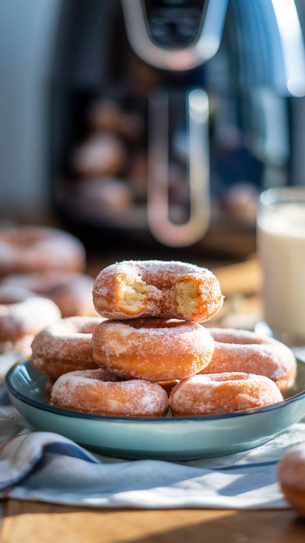A plate of cinnamon-sugar donuts stacked with one donut bitten into, showcasing the fluffy interior.