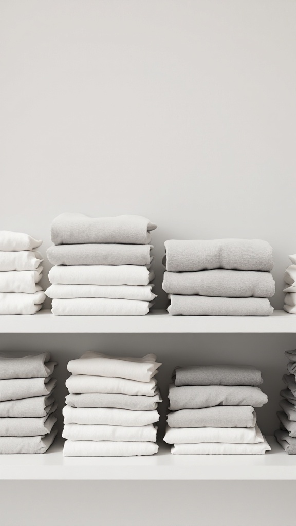 Neatly stacked basic t-shirts in neutral colors on shelves