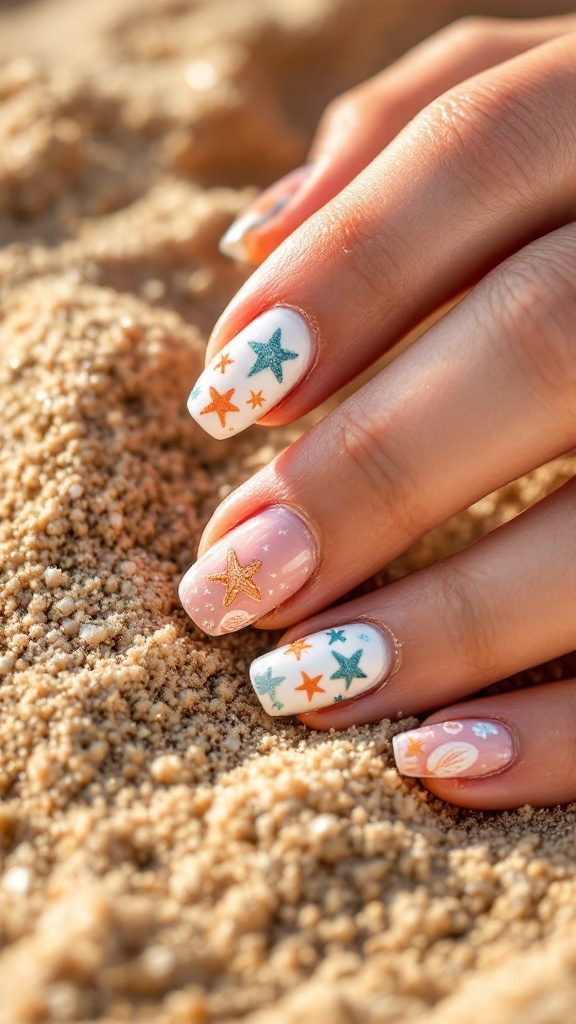 Beach-themed nail art featuring starfish and seashell designs on sandy background.