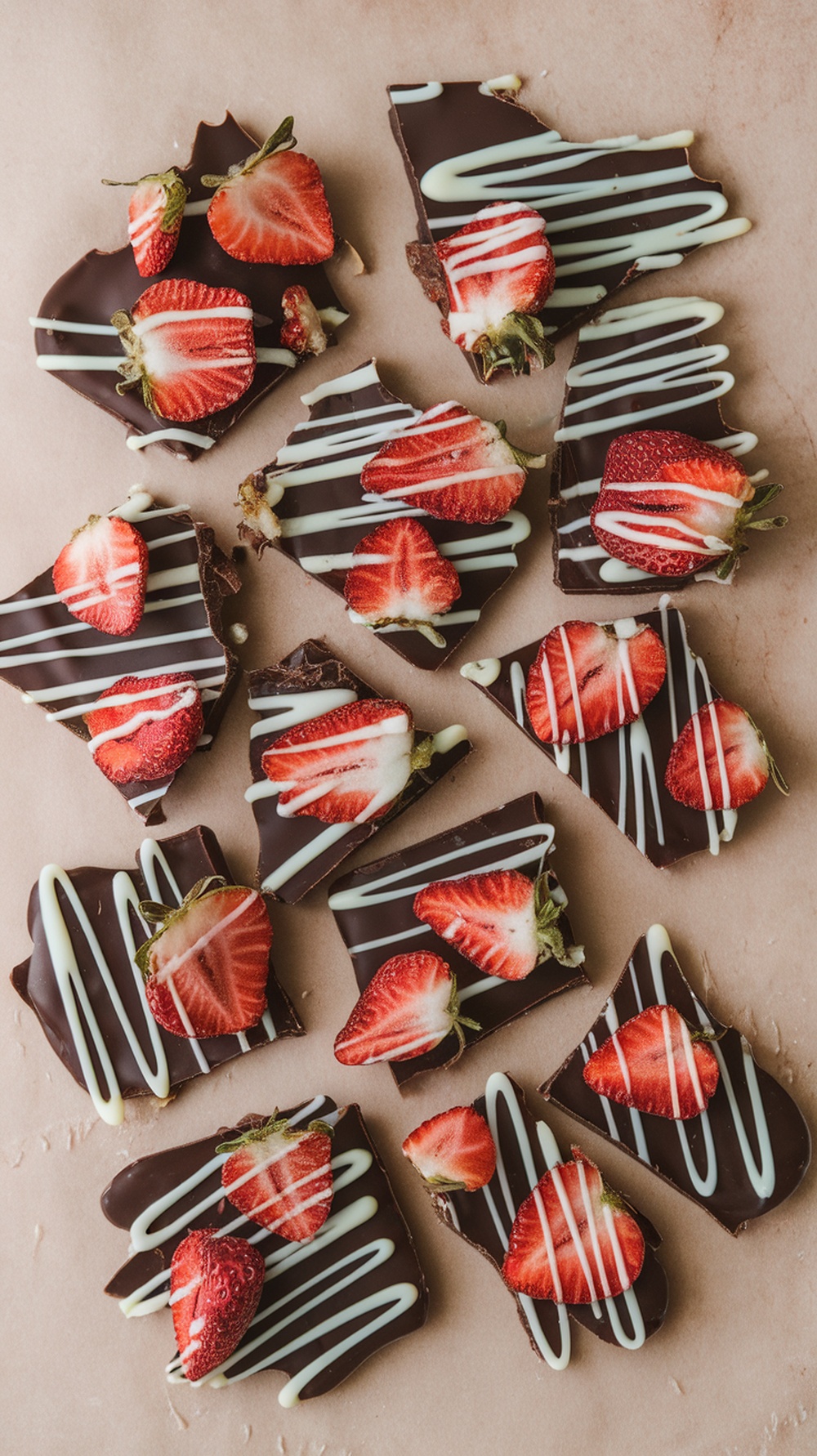 Chocolate bark topped with strawberries and white chocolate drizzle