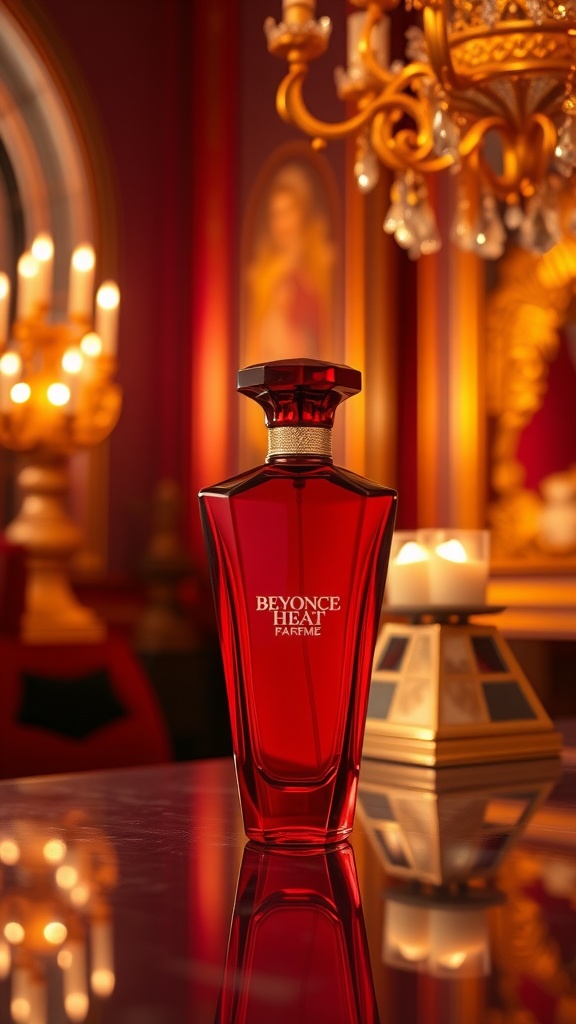 Beyoncé's Heat perfume in an elegant setting with a rich background.