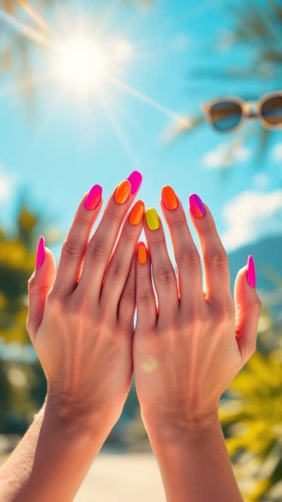 Hands with vibrant neon nail designs against a sunny beach background