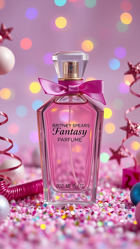 A bottle of Britney Spears' Fantasy perfume surrounded by colorful decorations.