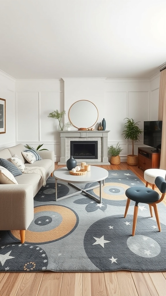 A cozy living room featuring a celestial themed rug with stars and planets, complemented by a neutral sofa and modern decor.