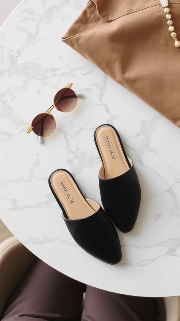 A pair of black slip-on mules on a marble table with sunglasses and an orange scarf.