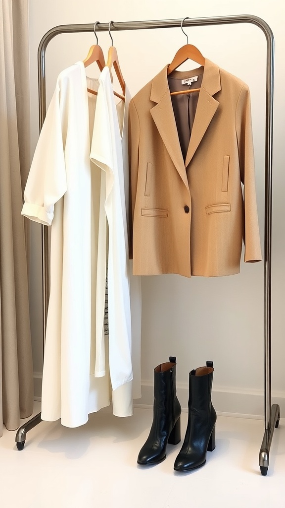 A pair of classic black ankle boots hanging with a beige coat and scarf on a clothing rack.