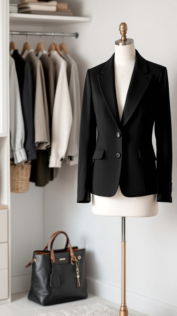 A stylish black blazer displayed on a mannequin with a collection of neutral garments hanging in the background.