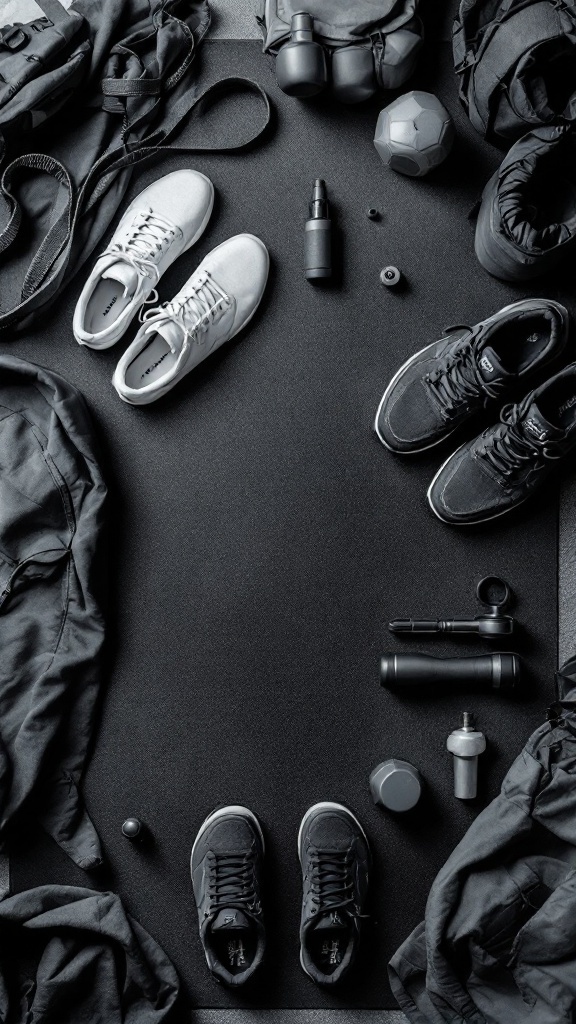 A variety of athletic shoes arranged on a workout mat, showcasing different colors and styles.