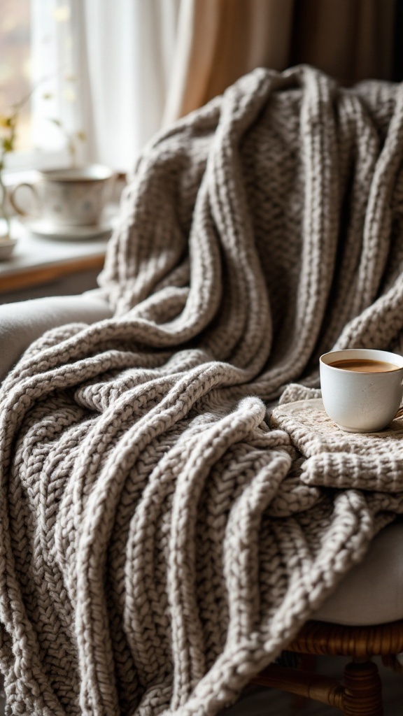 A cozy knit blanket draped on a chair next to a cup of coffee.