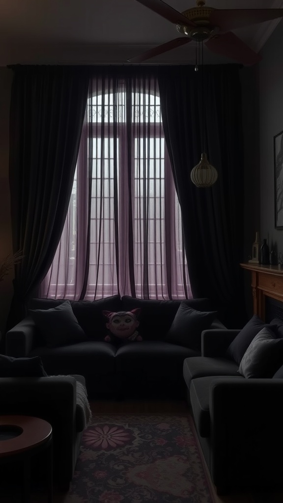 A cozy living room with dark velvet curtains, plush sofas, and a whimsical plush toy.