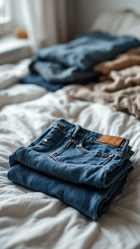Neatly folded denim jeans on a bed, symbolizing essential wardrobe items.