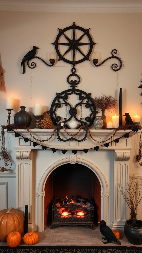 A witchy fireplace mantel decorated with candles, crows, and pumpkins, creating an enchanting atmosphere.