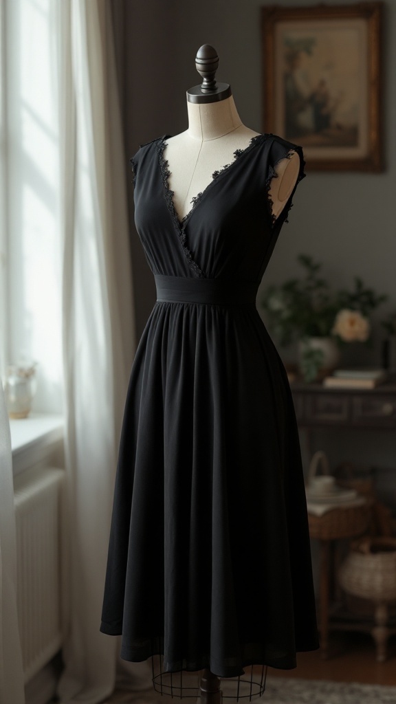 A simple yet elegant little black dress displayed on a mannequin, showcasing a flattering silhouette and lace trim.