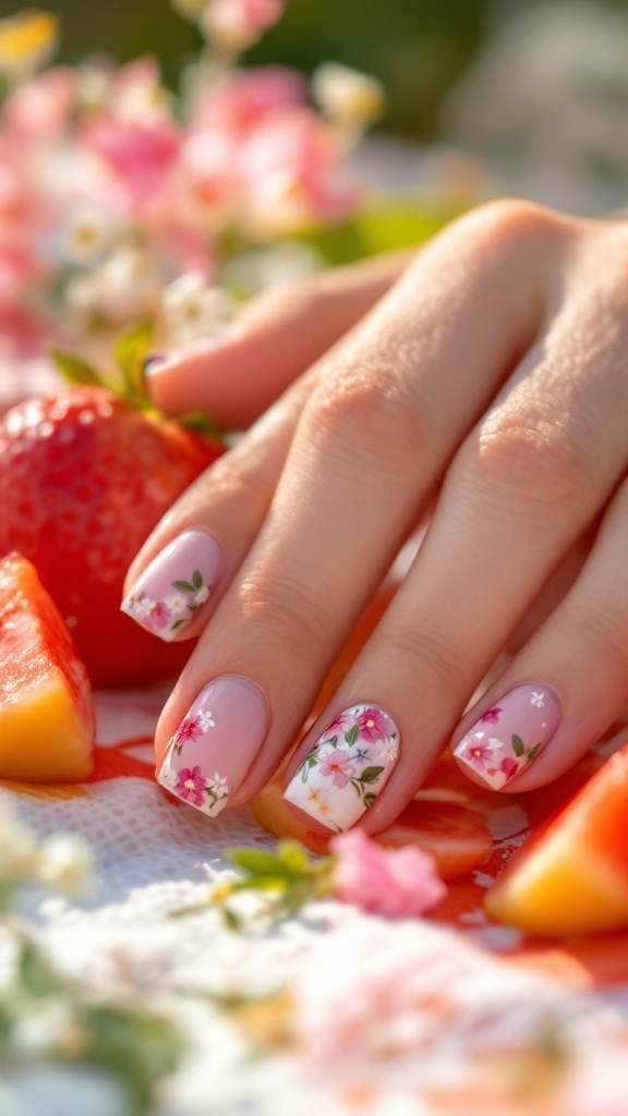 Close-up of a hand with floral nail designs, surrounded by fresh strawberries and peaches.