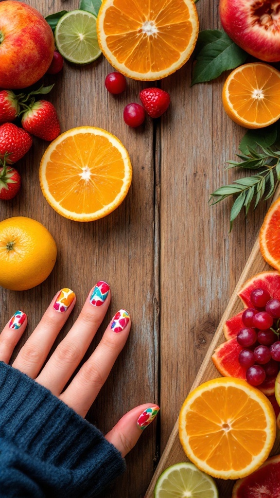Colorful fruit slice nail art on a hand, surrounded by fresh fruits on a wooden surface.